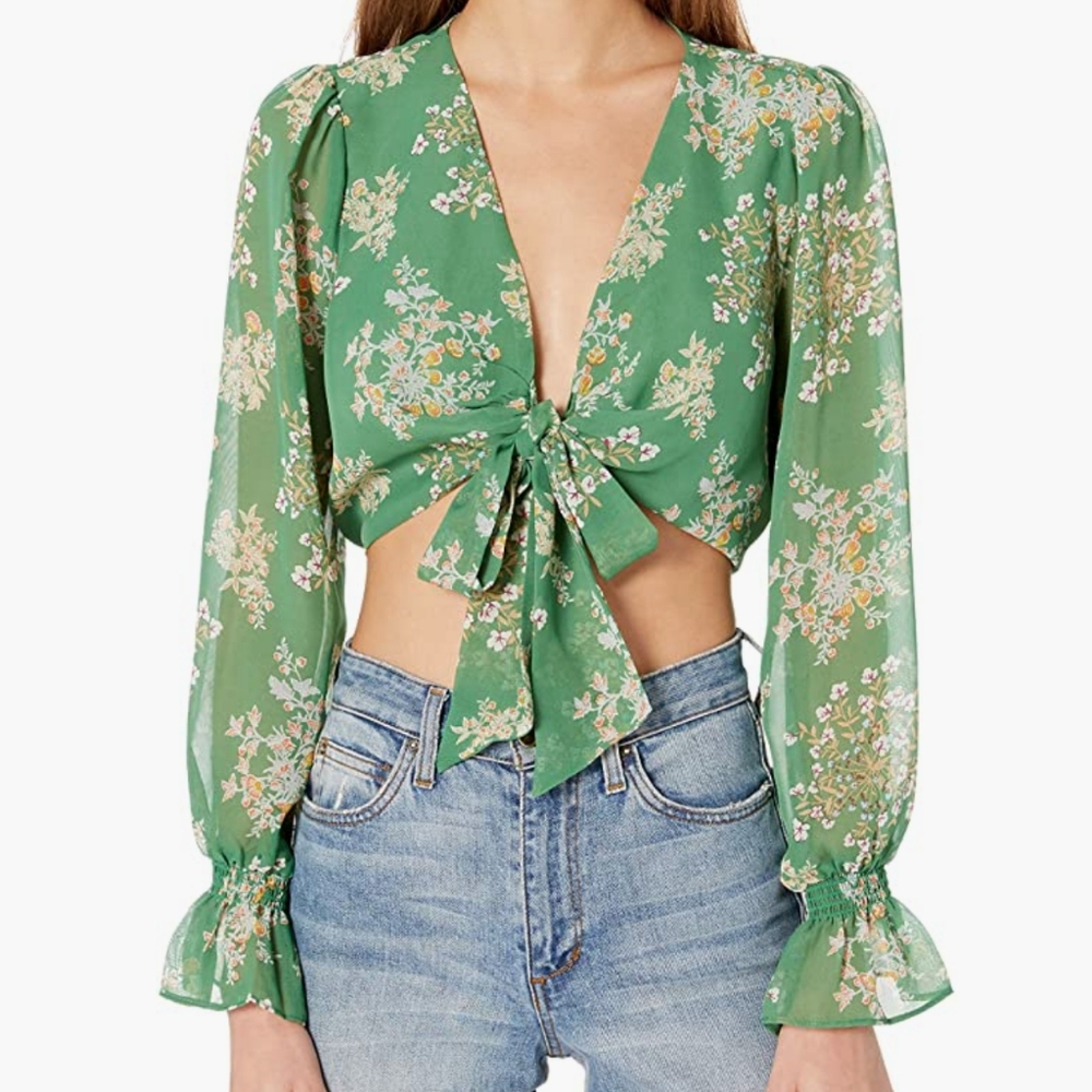 NWOT J.O.A Long Sleeve Tie Front Cropped Floral Top Women's Size Small
